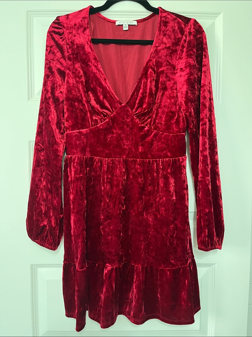 City Vibe Red Velvet Long Sleeve Dress